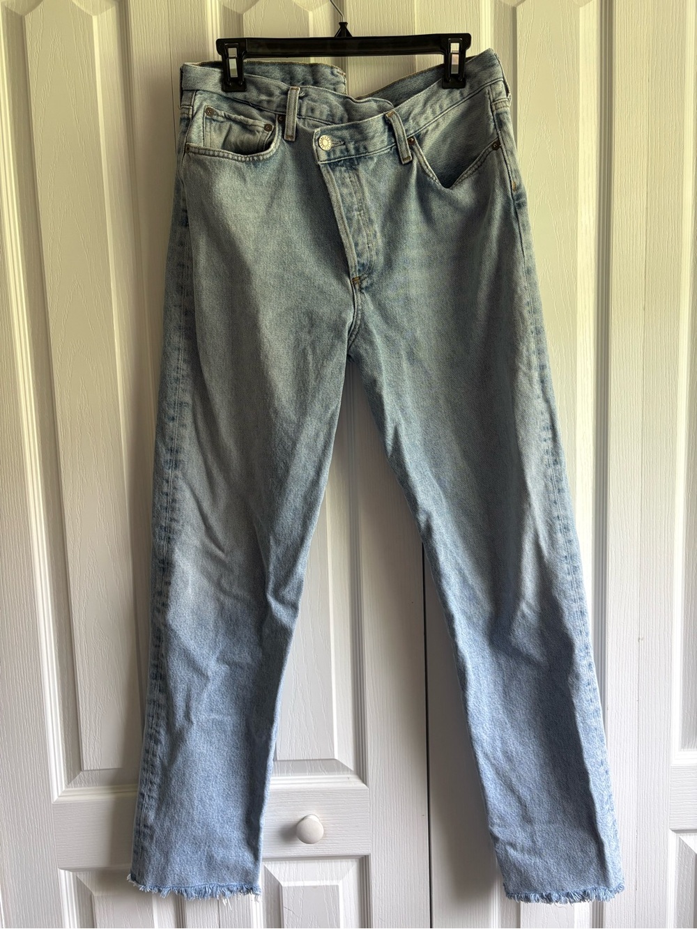 Agolde Light Blue Criss Cross High Rise Straight Jeans Raw Hem Organic Size 29